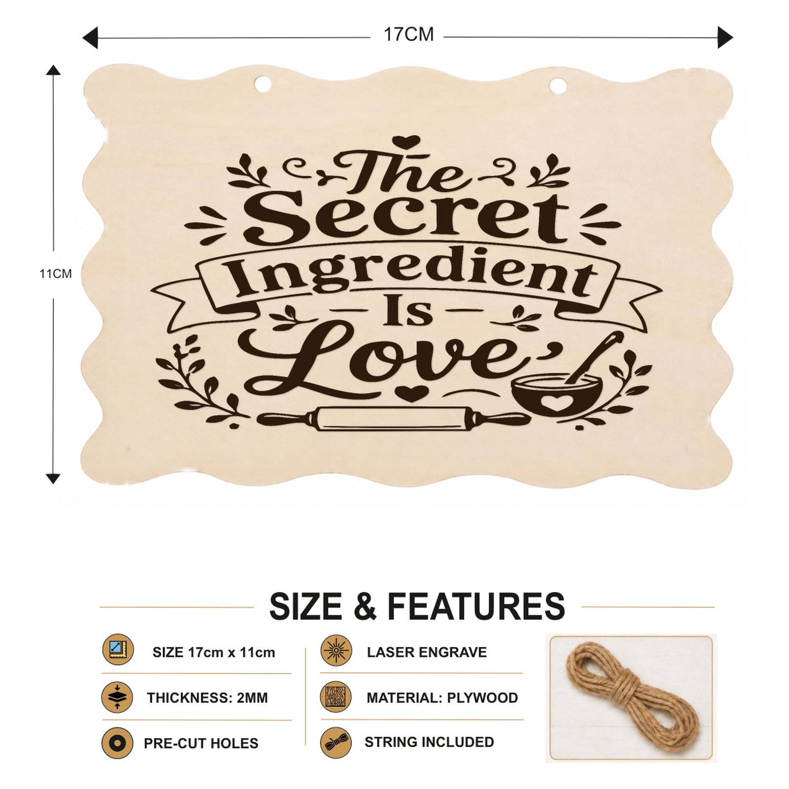The Secret Ingredient Is Love plaque showing 20 x 10 cm size and product features