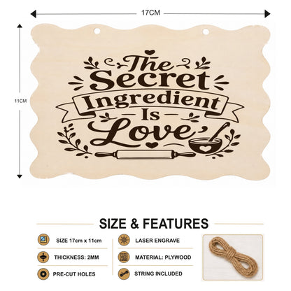 The Secret Ingredient Is Love plaque showing 20 x 10 cm size and product features