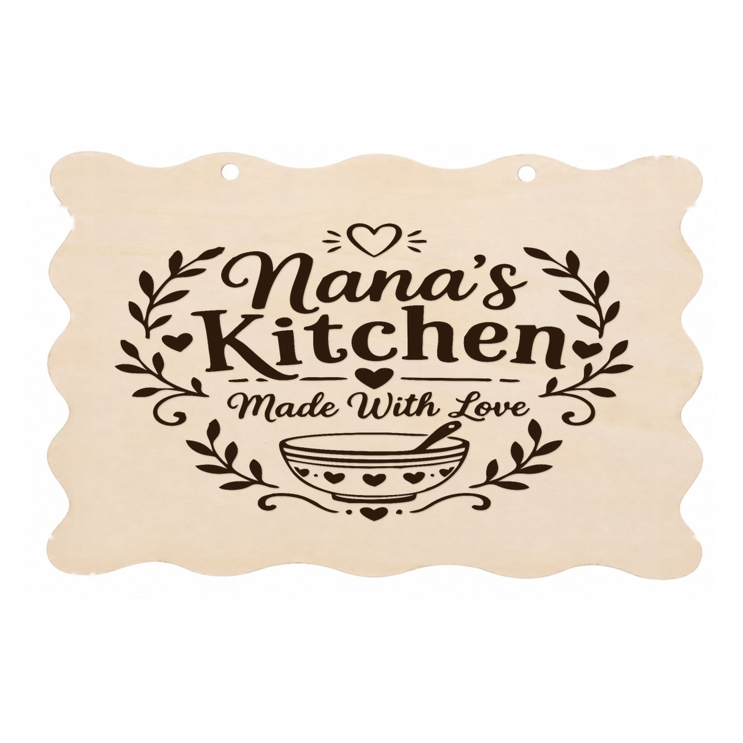 Nana’s Kitchen Made With Love scalloped wooden plaque on a white background