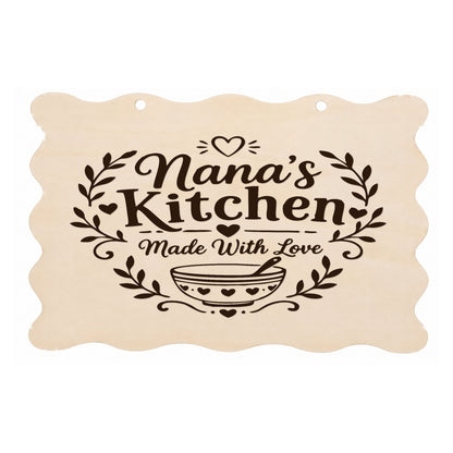 Nana’s Kitchen Made With Love scalloped wooden plaque on a white background