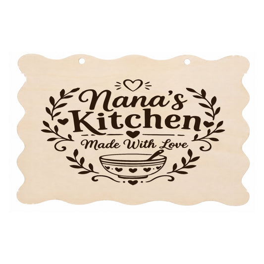 Nana’s Kitchen Made With Love scalloped wooden plaque on a white background