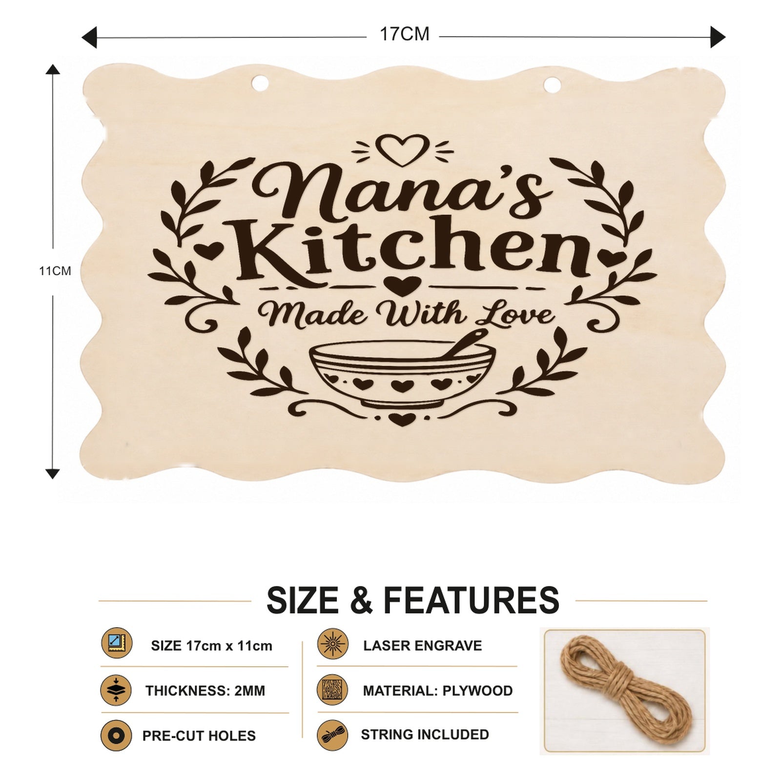 Nana’s Kitchen Made With Love plaque showing 20 x 10 cm size and product features
