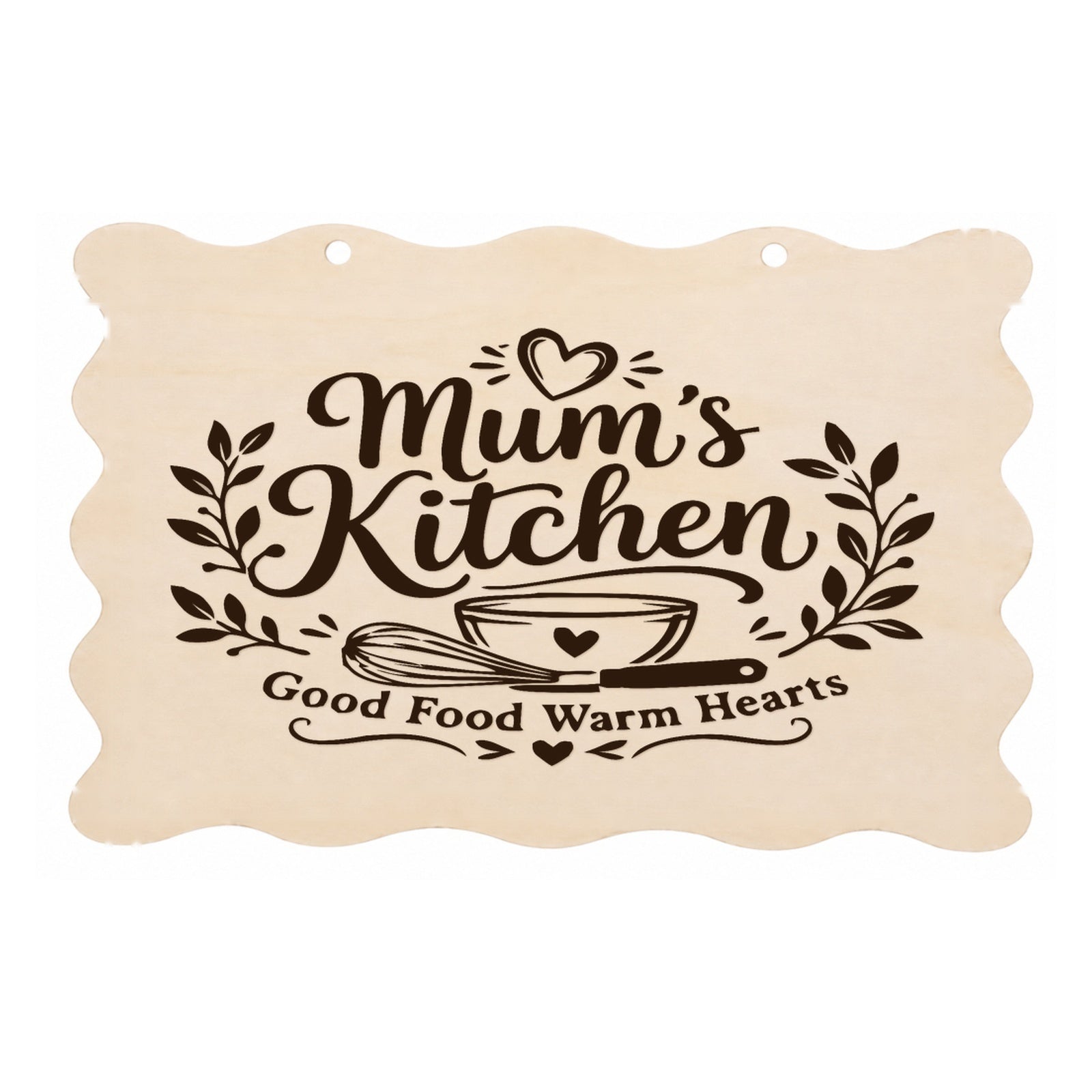 Mum’s Kitchen Good Food Warm Hearts scalloped wooden plaque on a white background