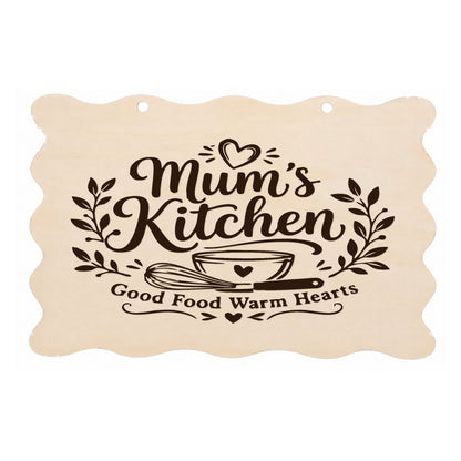Mum’s Kitchen Good Food Warm Hearts scalloped wooden plaque on a white background
