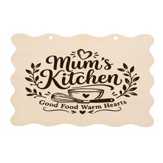 Mum’s Kitchen Good Food Warm Hearts scalloped wooden plaque on a white background