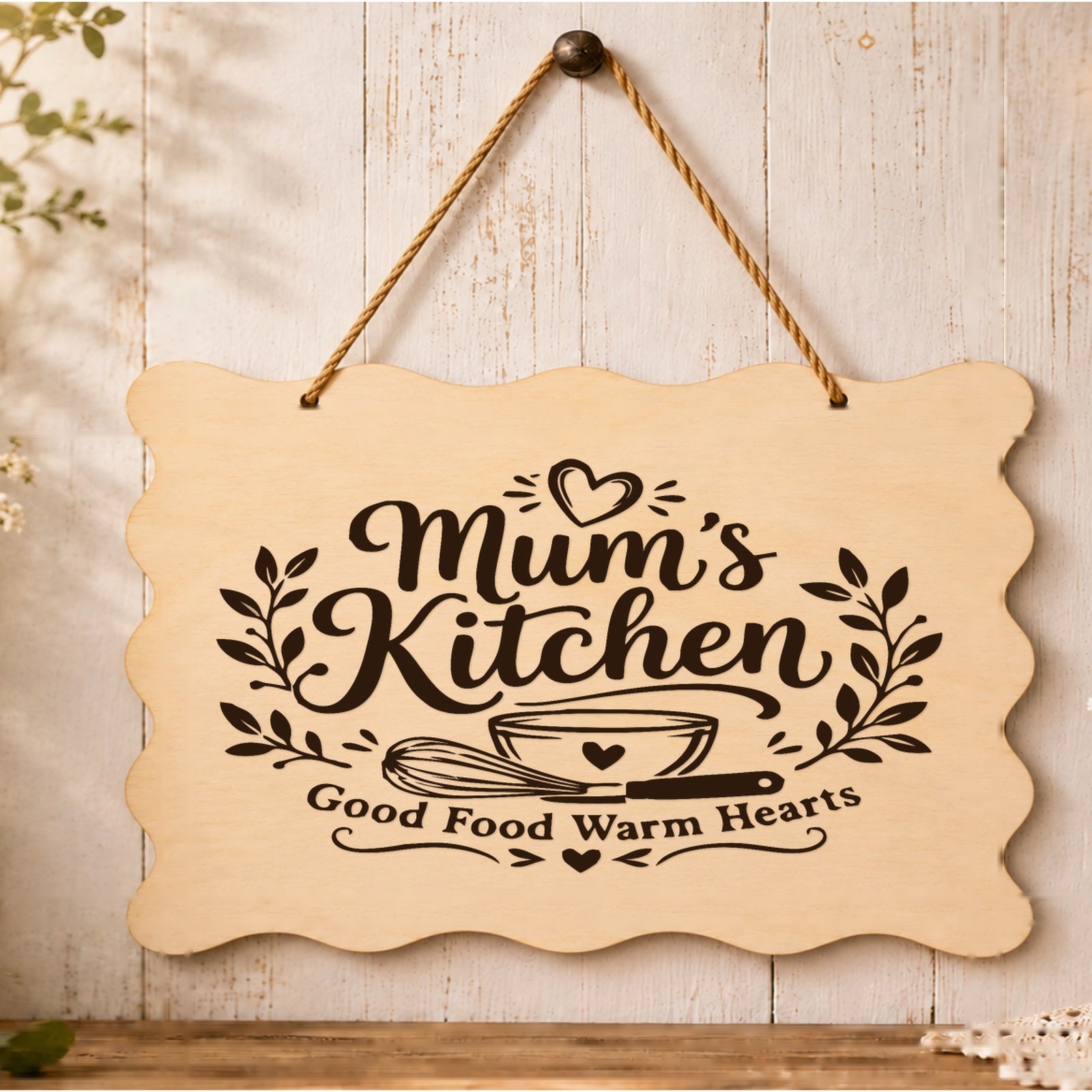 Mum’s Kitchen Good Food Warm Hearts plaque displayed in a kitchen setting