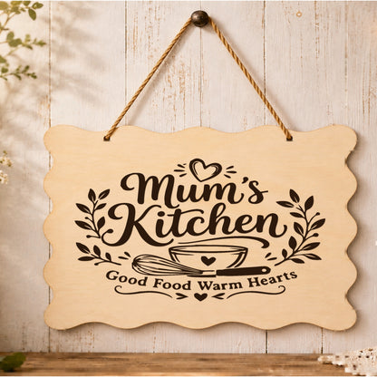 Mum’s Kitchen Good Food Warm Hearts plaque displayed in a kitchen setting
