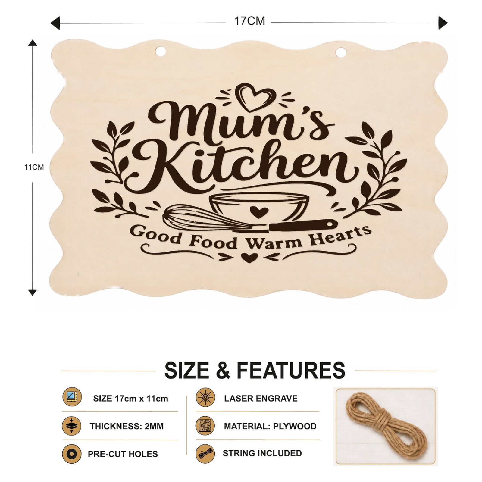Mum’s Kitchen Good Food Warm Hearts plaque showing 20 x 10 cm size and product features