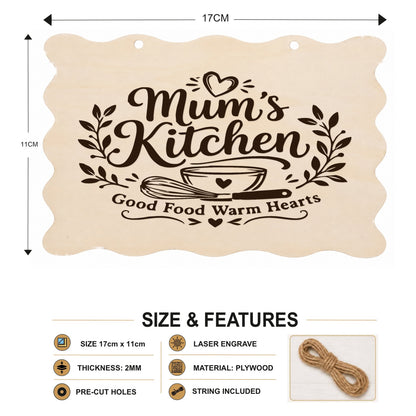 Mum’s Kitchen Good Food Warm Hearts plaque showing 20 x 10 cm size and product features