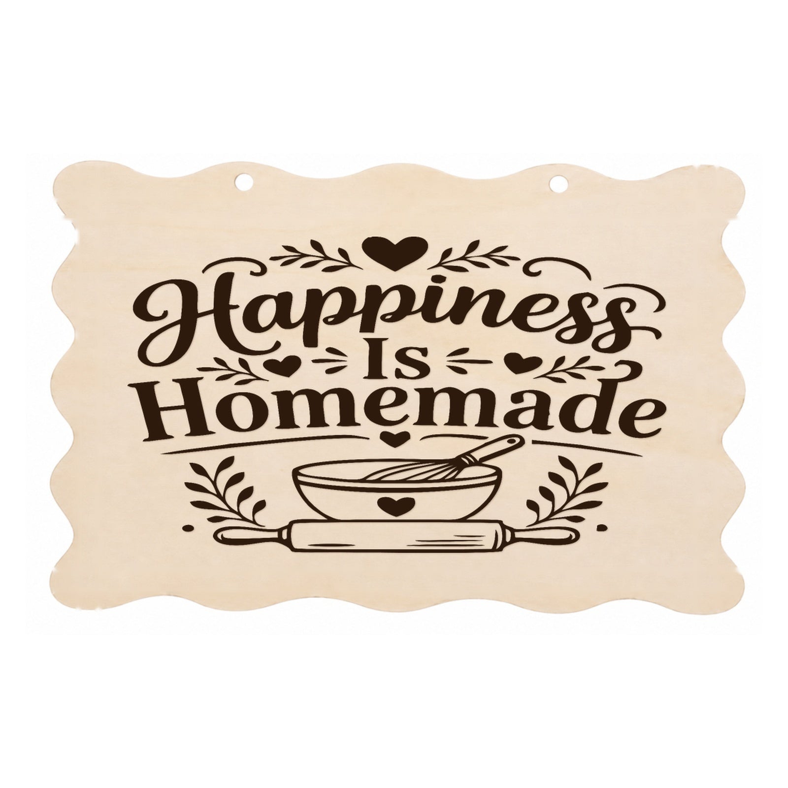 Happiness Is Homemade scalloped kitchen plaque on a white background