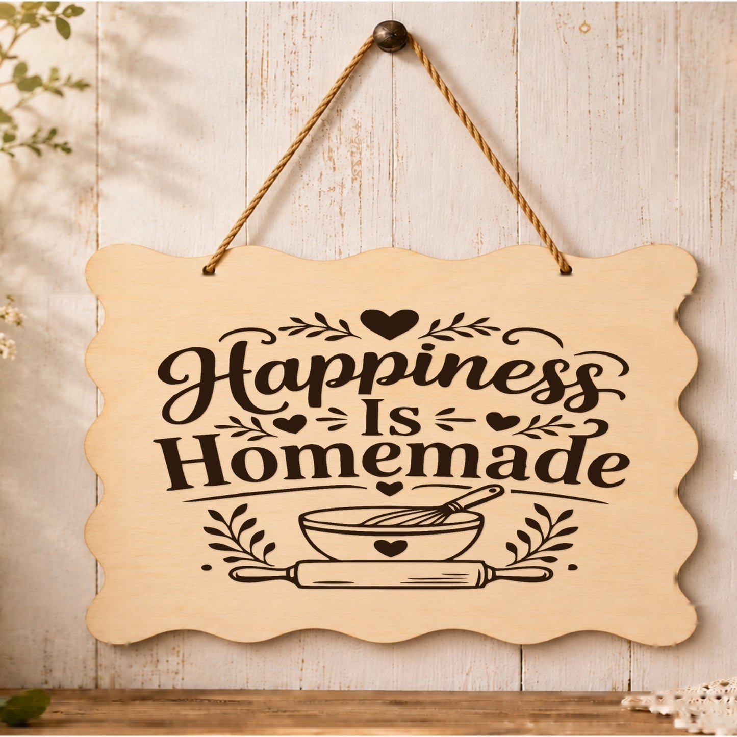 Happiness Is Homemade wooden plaque displayed in a kitchen setting