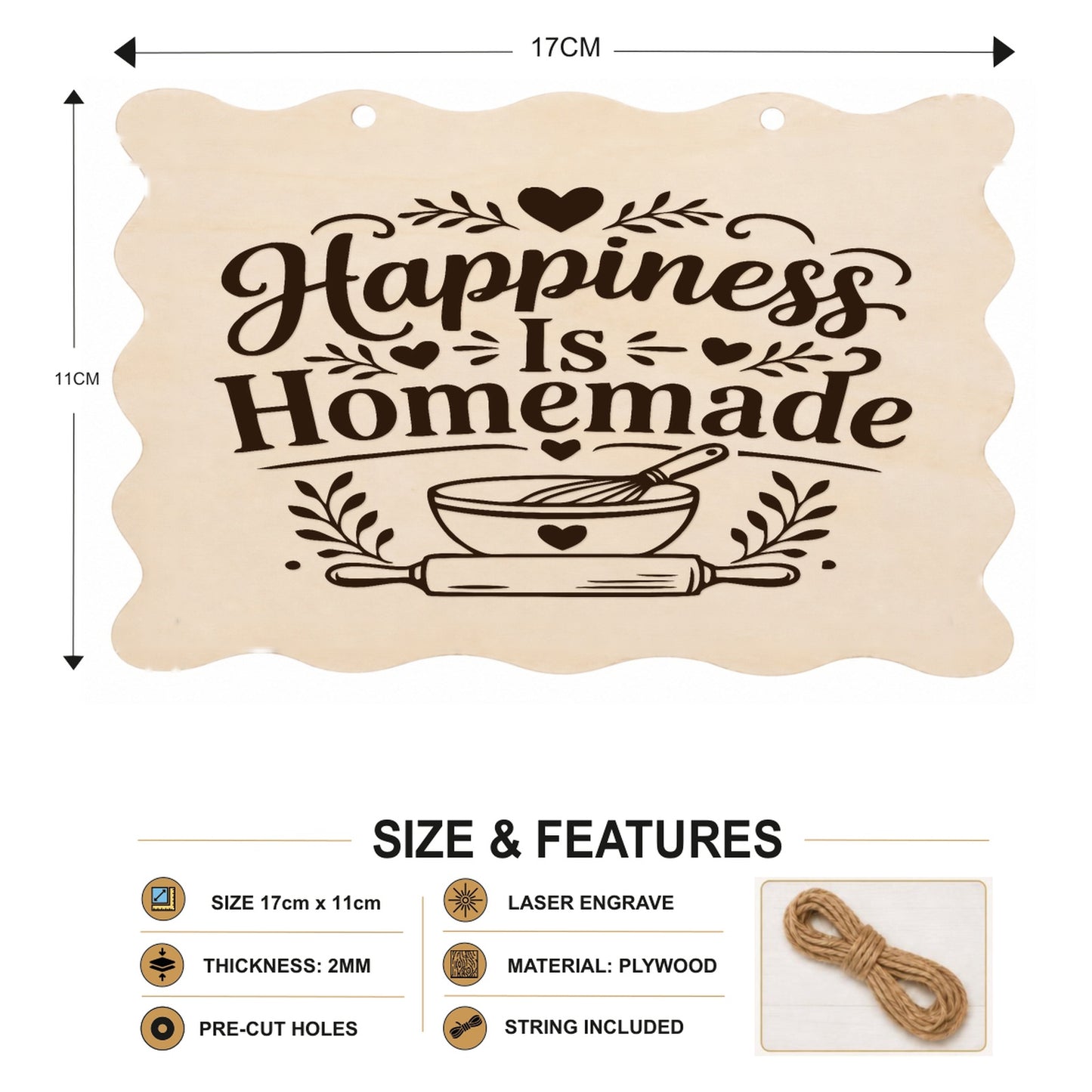 Happiness Is Homemade plaque showing 20 x 10 cm size and product features