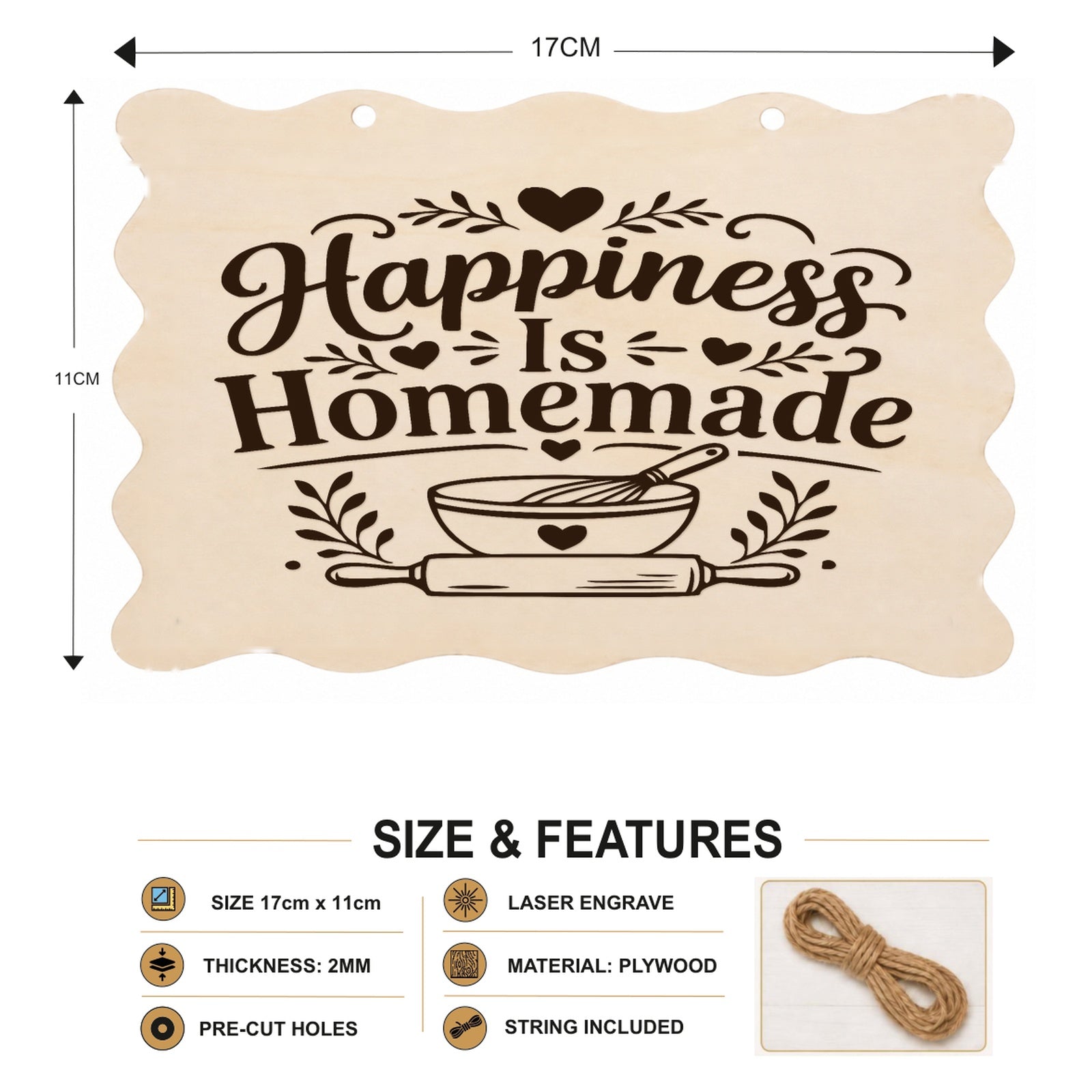 Happiness Is Homemade plaque showing 20 x 10 cm size and product features