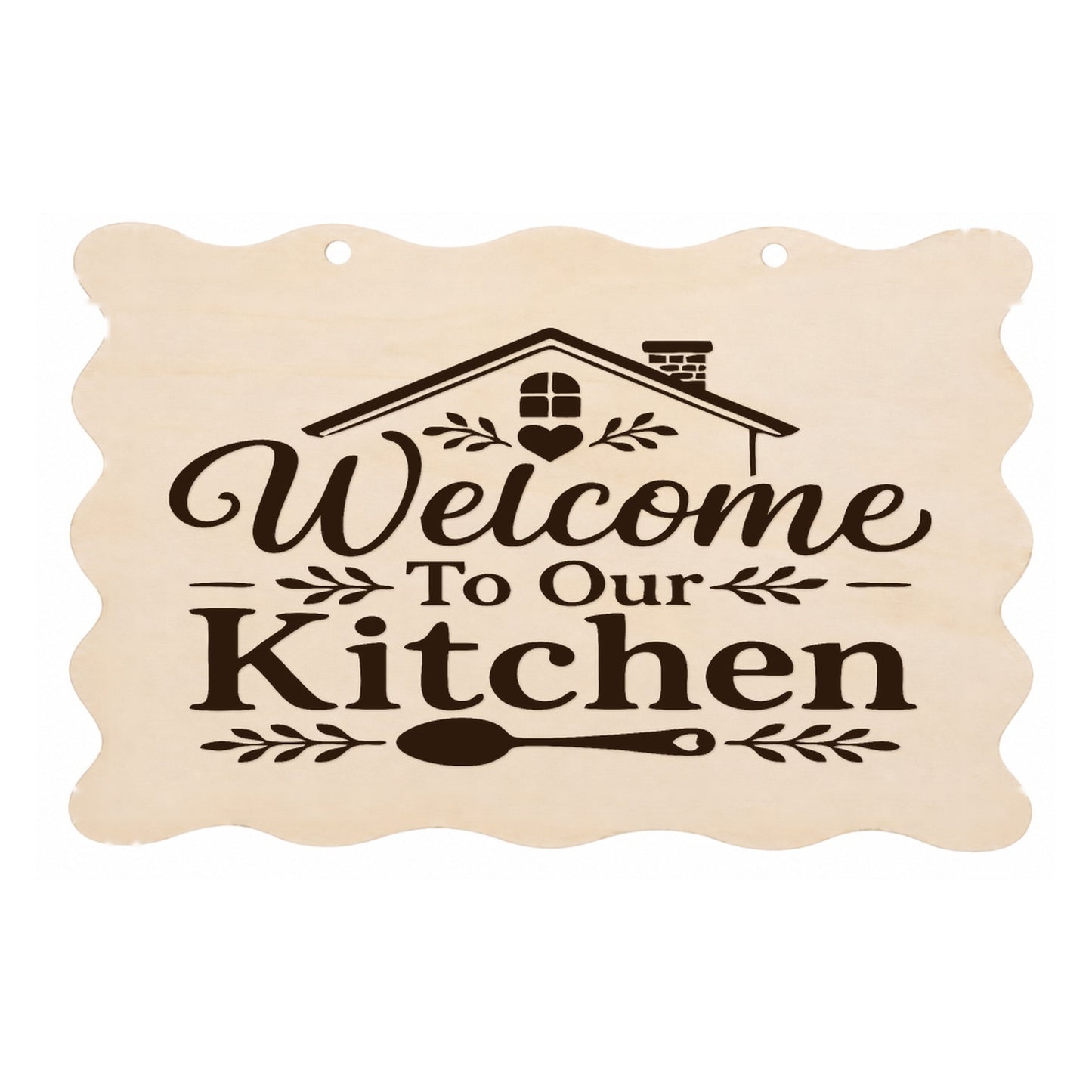 Welcome to Our Kitchen scalloped wooden plaque on a white background
