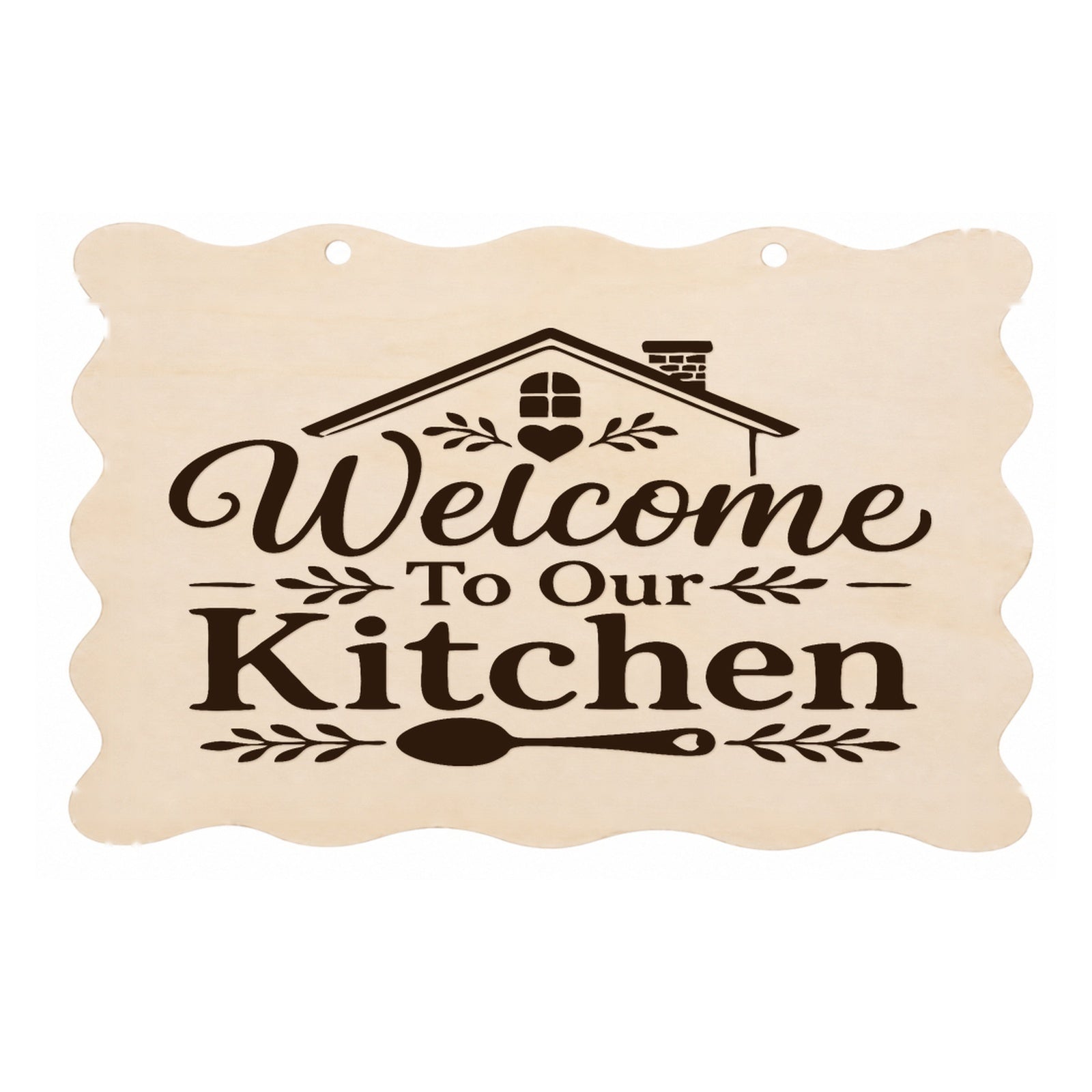Welcome to Our Kitchen scalloped wooden plaque on a white background