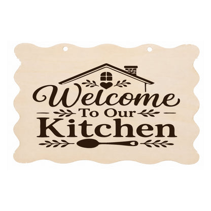 Welcome to Our Kitchen scalloped wooden plaque on a white background