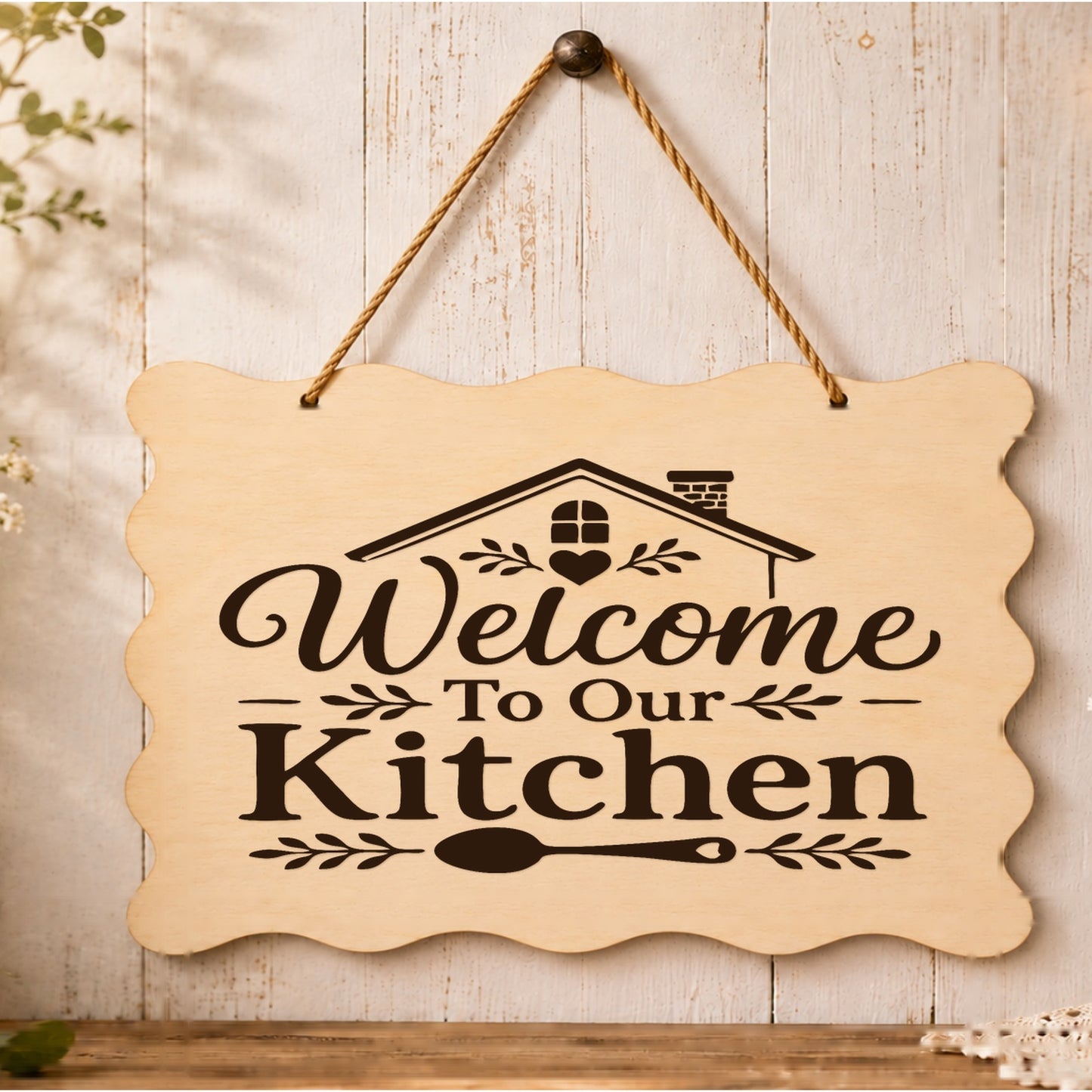 Welcome to Our Kitchen plaque displayed in a kitchen setting