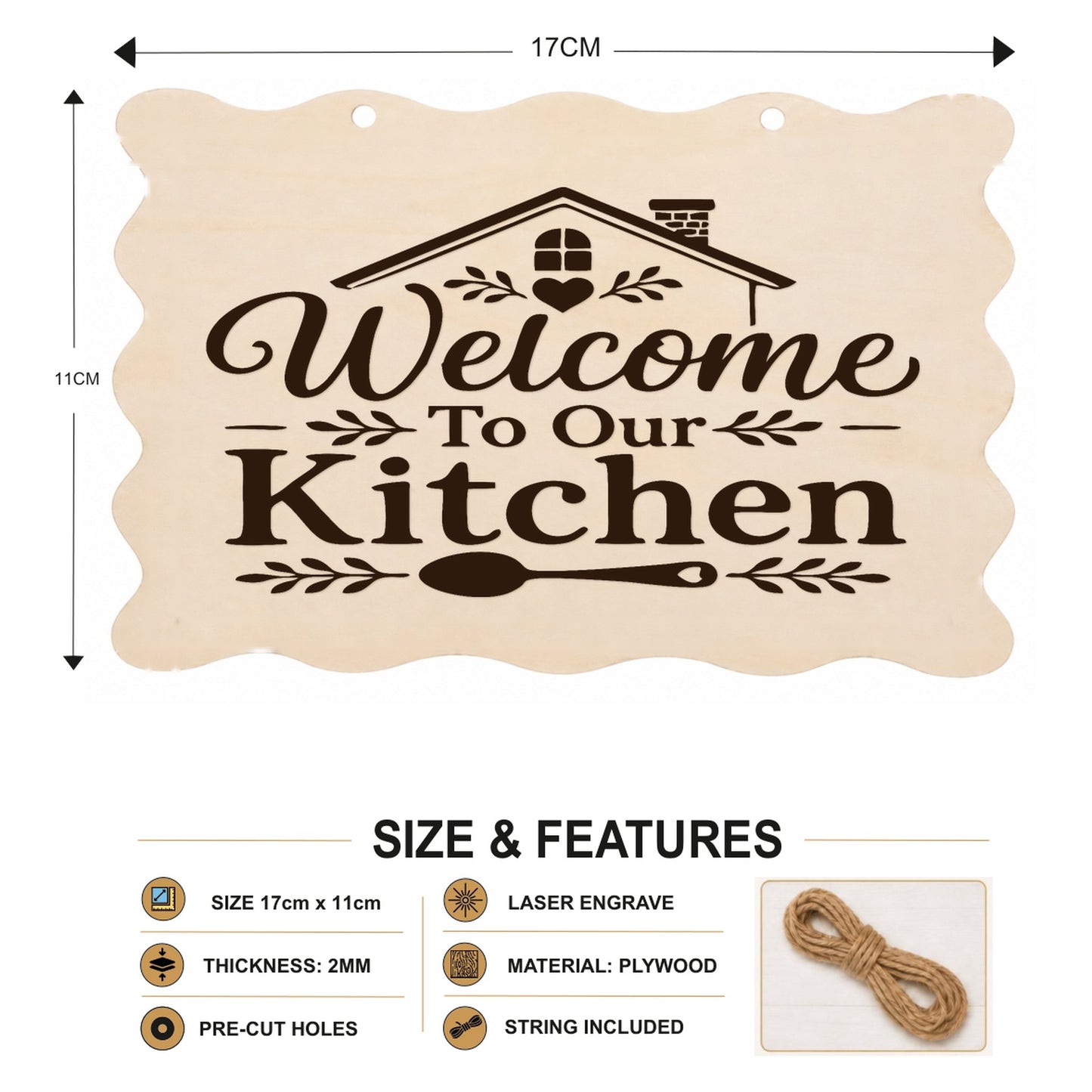 Welcome to Our Kitchen plaque showing 20 x 10 cm size and product features