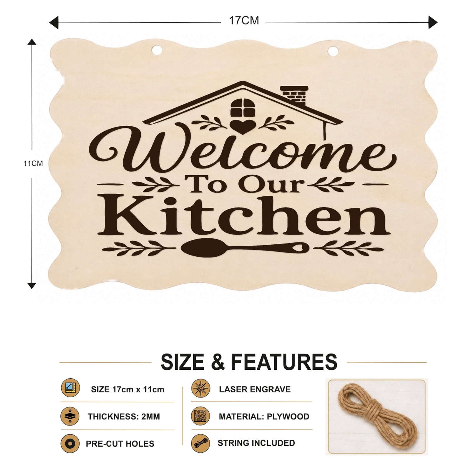 Welcome to Our Kitchen plaque showing 20 x 10 cm size and product features