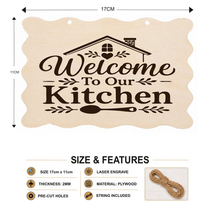 Welcome to Our Kitchen plaque showing 20 x 10 cm size and product features