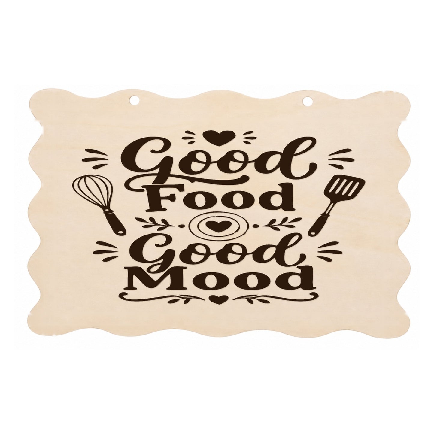 Good Food Good Mood scalloped kitchen plaque on a white background