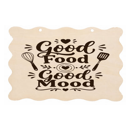 Good Food Good Mood scalloped kitchen plaque on a white background