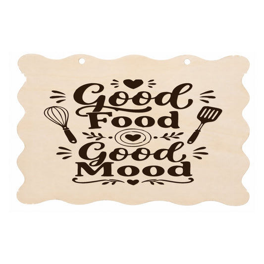 Good Food Good Mood scalloped kitchen plaque on a white background