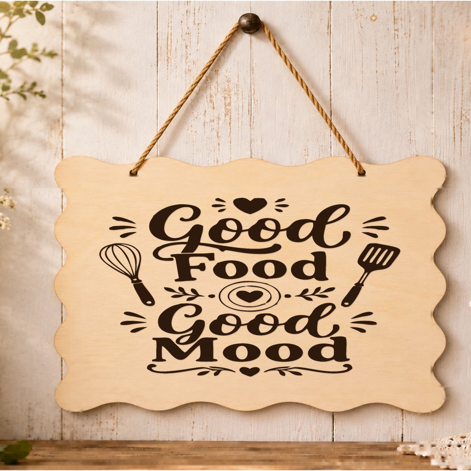 Good Food Good Mood wooden plaque displayed in a kitchen setting