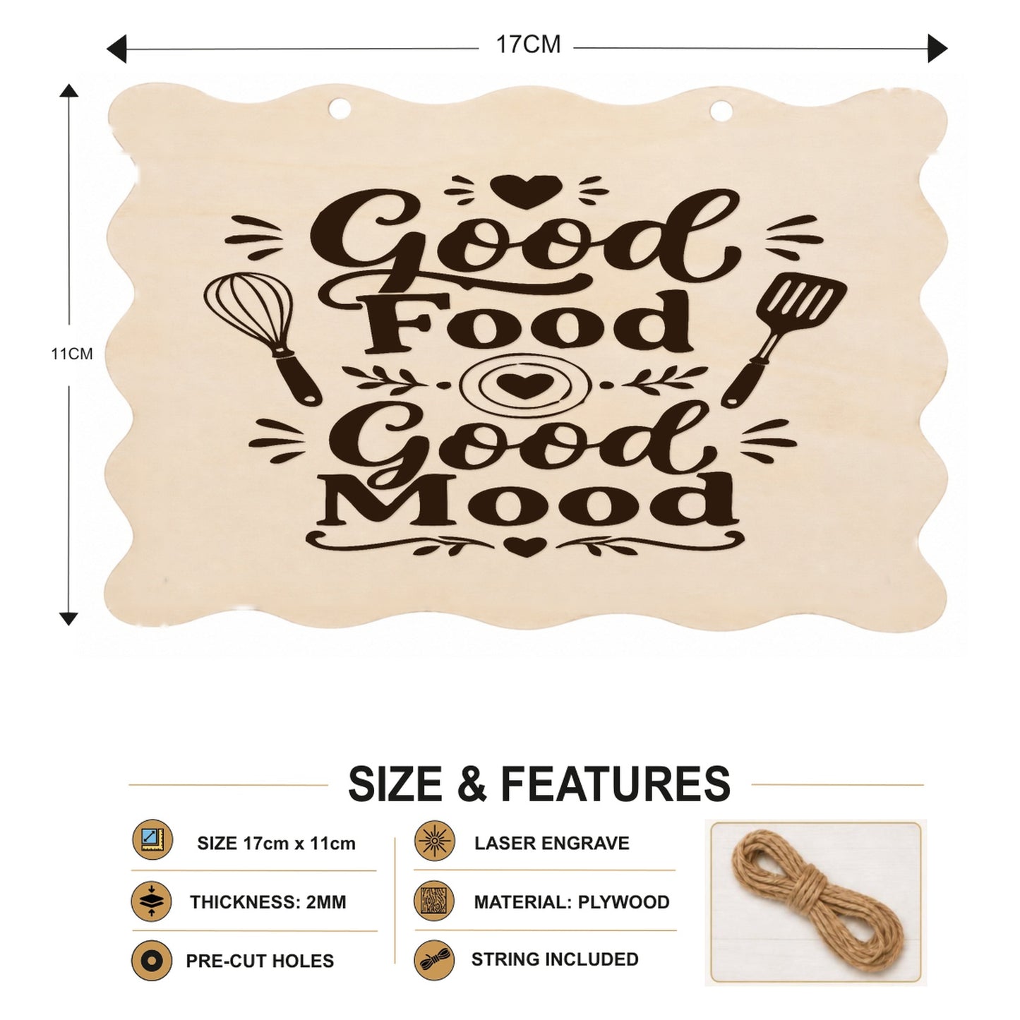 Good Food Good Mood plaque showing 20 x 10 cm size and product features