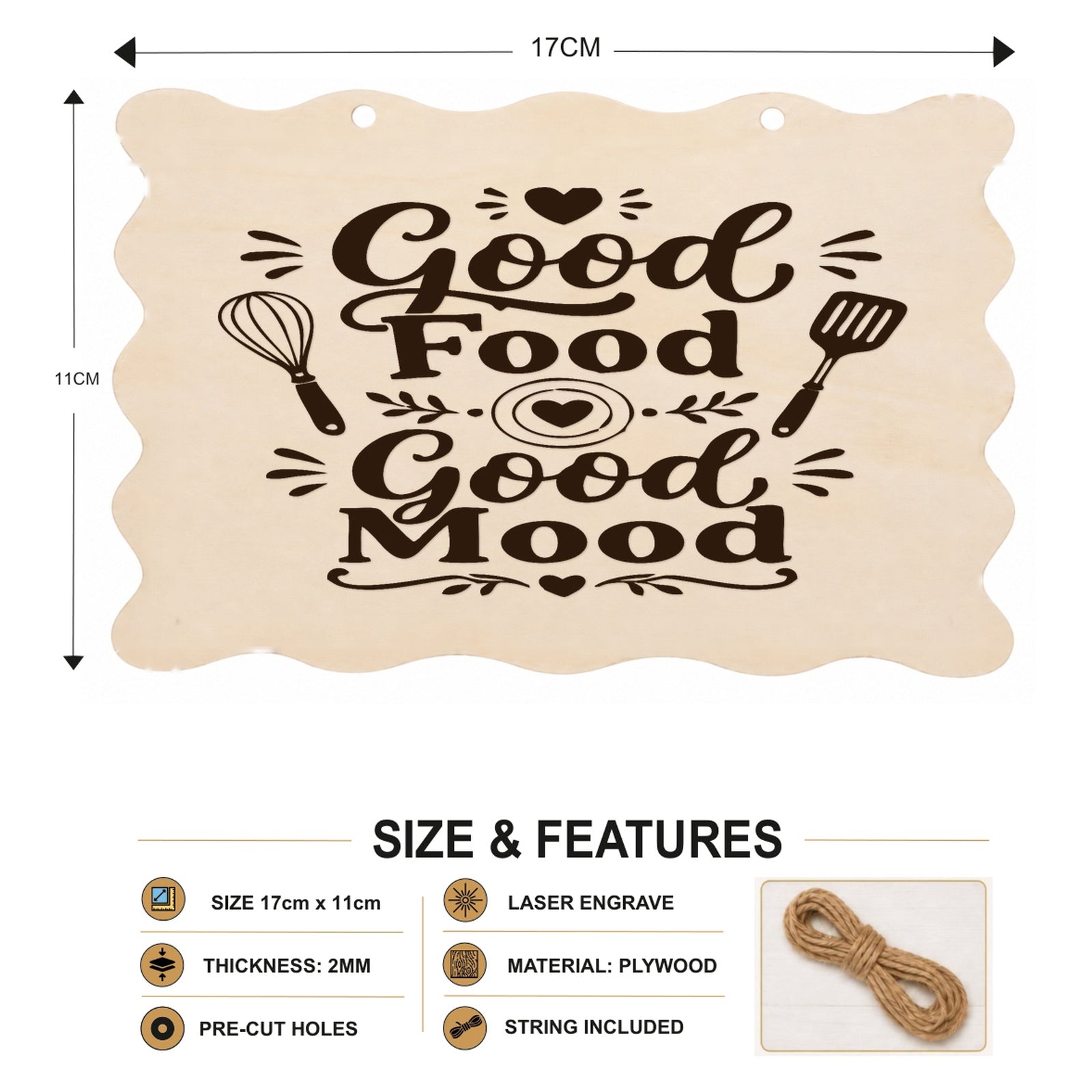 Good Food Good Mood plaque showing 20 x 10 cm size and product features