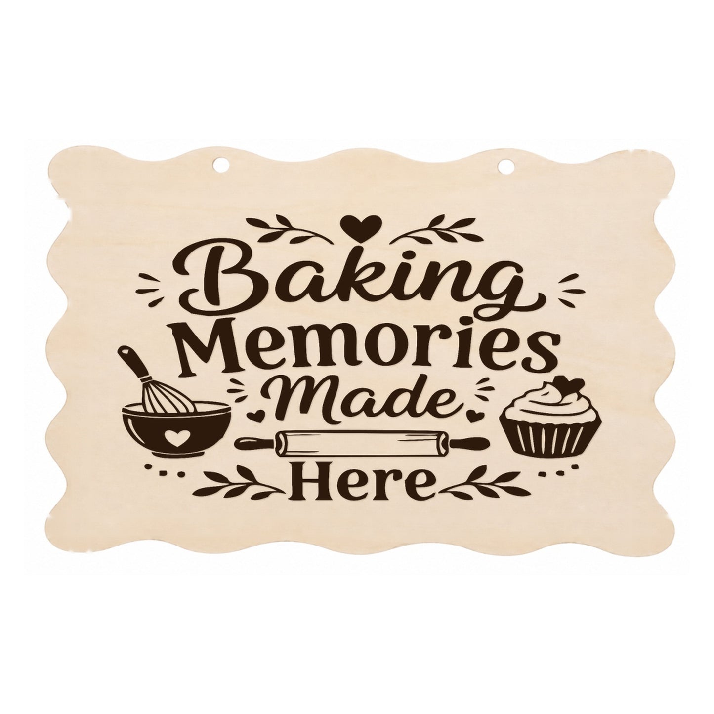 Baking Memories Made Here scalloped wooden kitchen plaque on a white background
