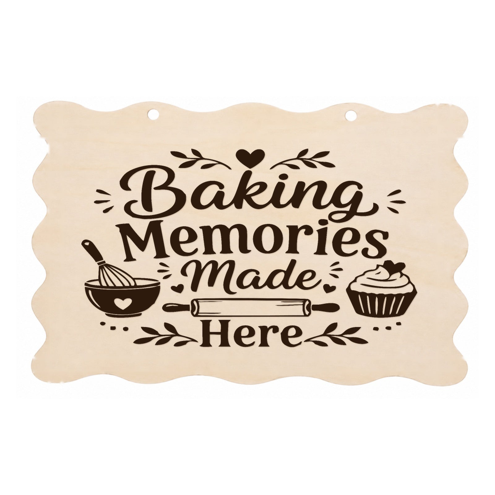 Baking Memories Made Here scalloped wooden kitchen plaque on a white background