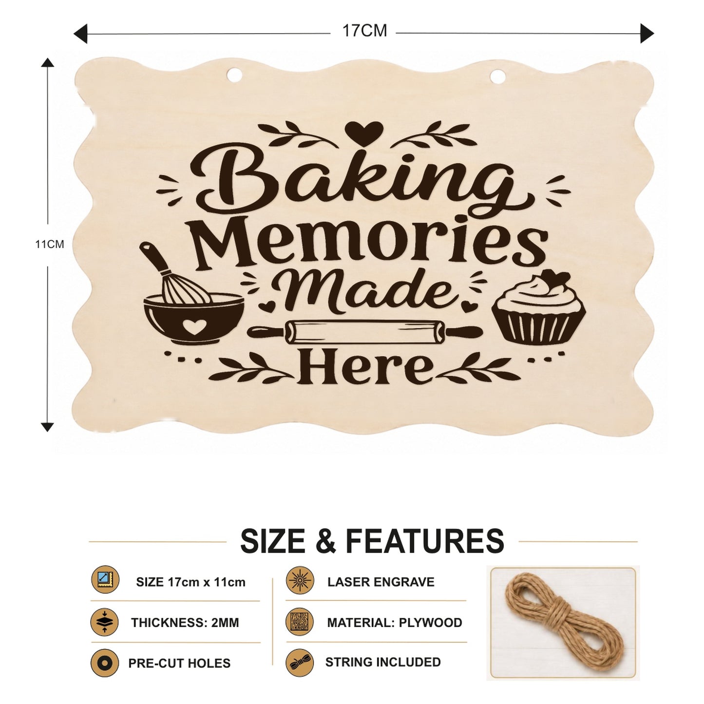 Baking Memories Made Here plaque showing 20 x 10 cm size and product features