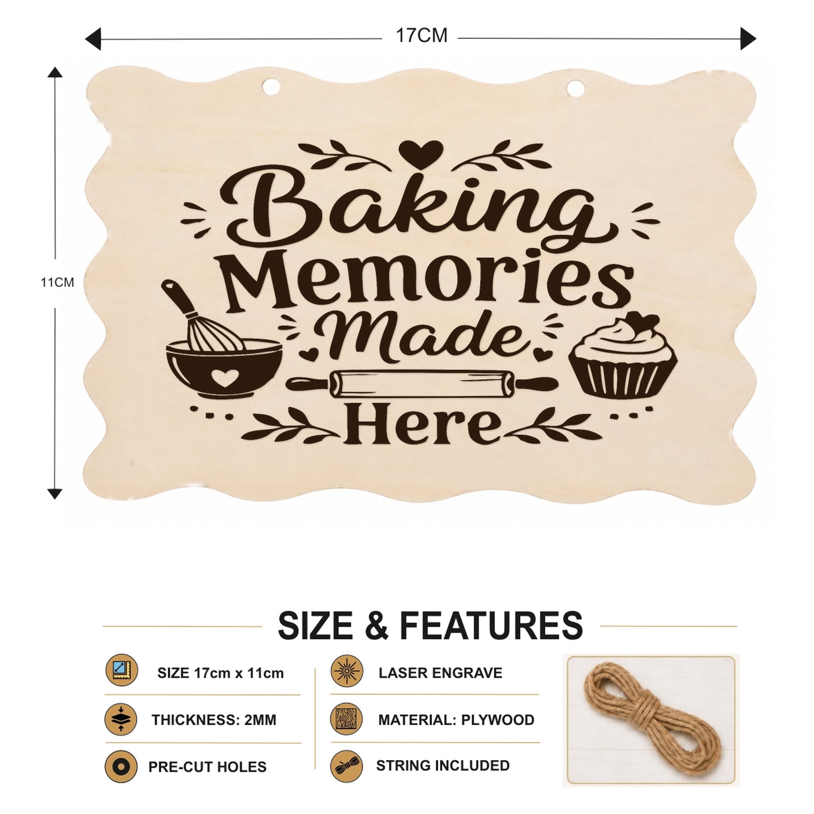 Baking Memories Made Here plaque showing 20 x 10 cm size and product features