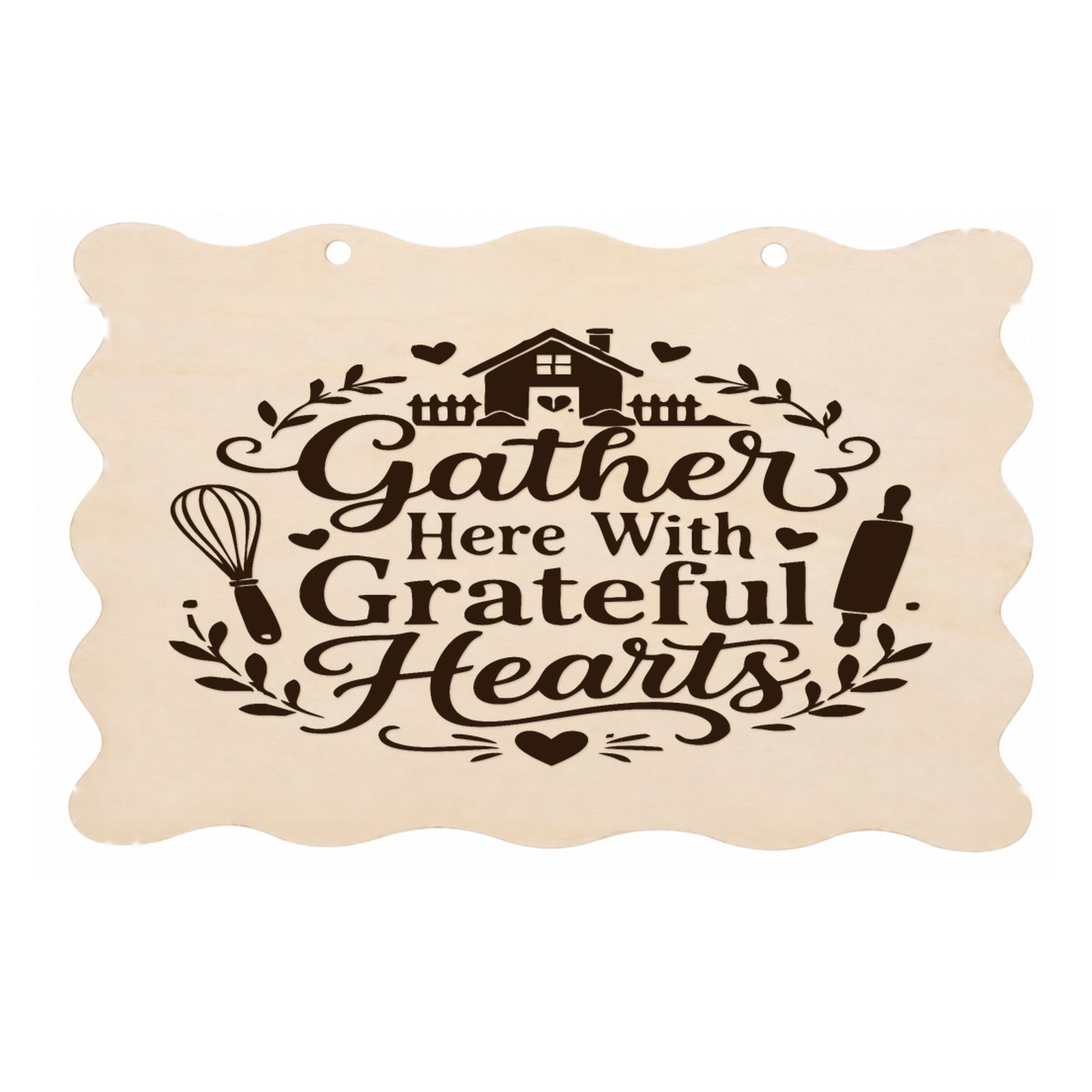 Gather Here With Grateful Hearts scalloped kitchen plaque on a white background