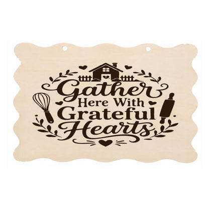 Gather Here With Grateful Hearts scalloped kitchen plaque on a white background