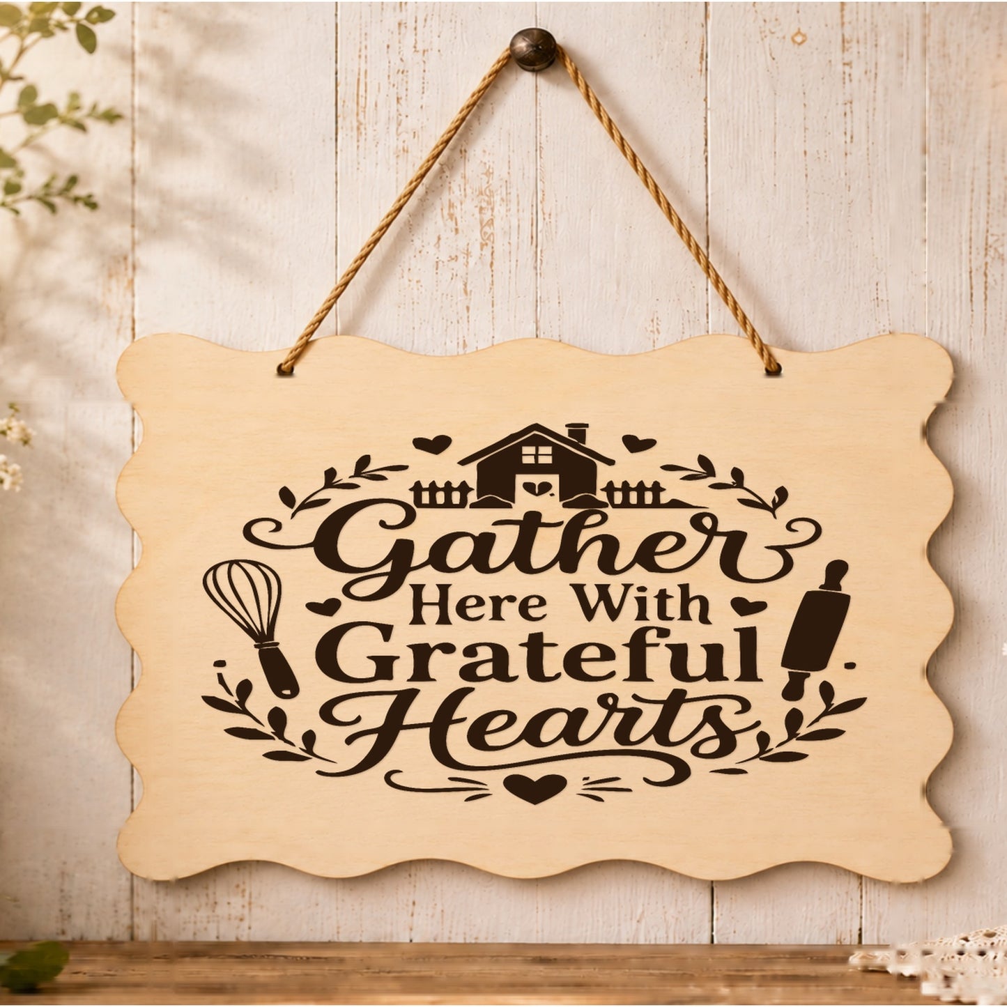 Gather Here With Grateful Hearts plaque displayed in a kitchen setting