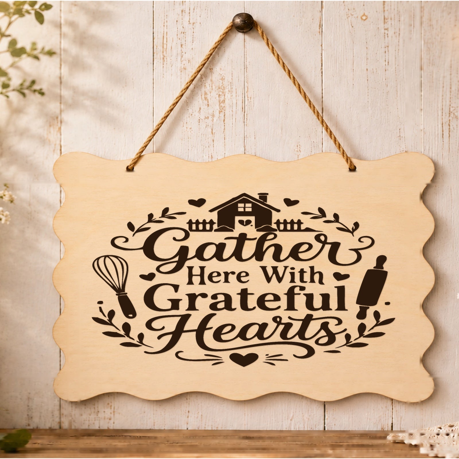 Gather Here With Grateful Hearts plaque displayed in a kitchen setting