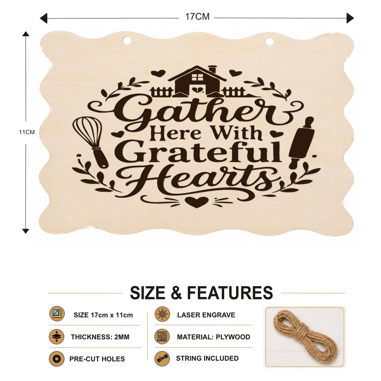 Gather Here With Grateful Hearts plaque showing 20 x 10 cm size and product features