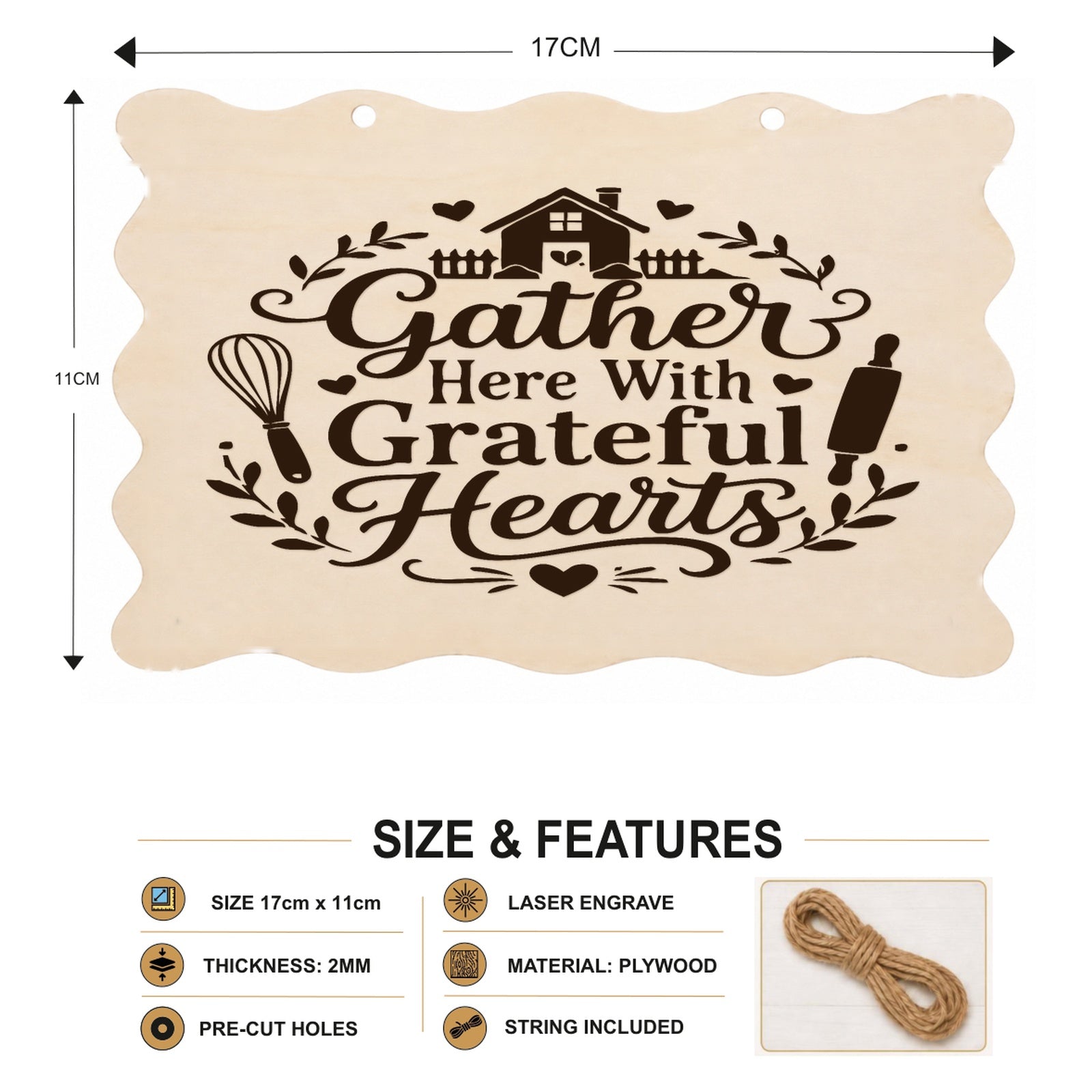 Gather Here With Grateful Hearts plaque showing 20 x 10 cm size and product features