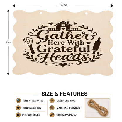 Gather Here With Grateful Hearts plaque showing 20 x 10 cm size and product features