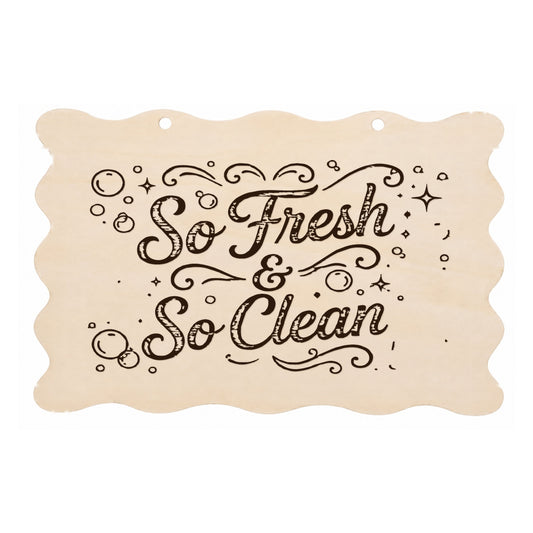 So Fresh and So Clean scalloped bathroom plaque on a white background