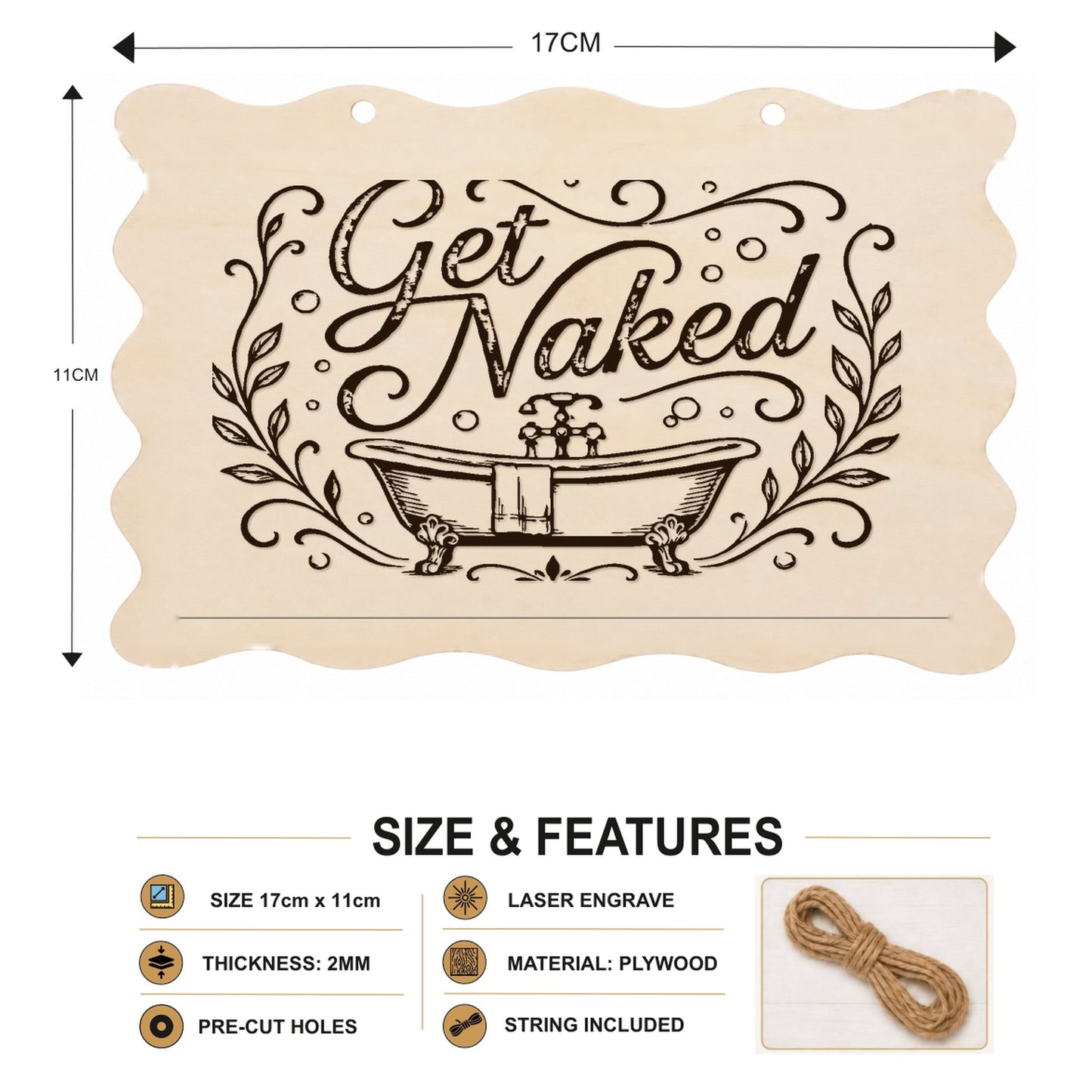 Get Naked scalloped plaque showing 20 x 10 cm size and product features