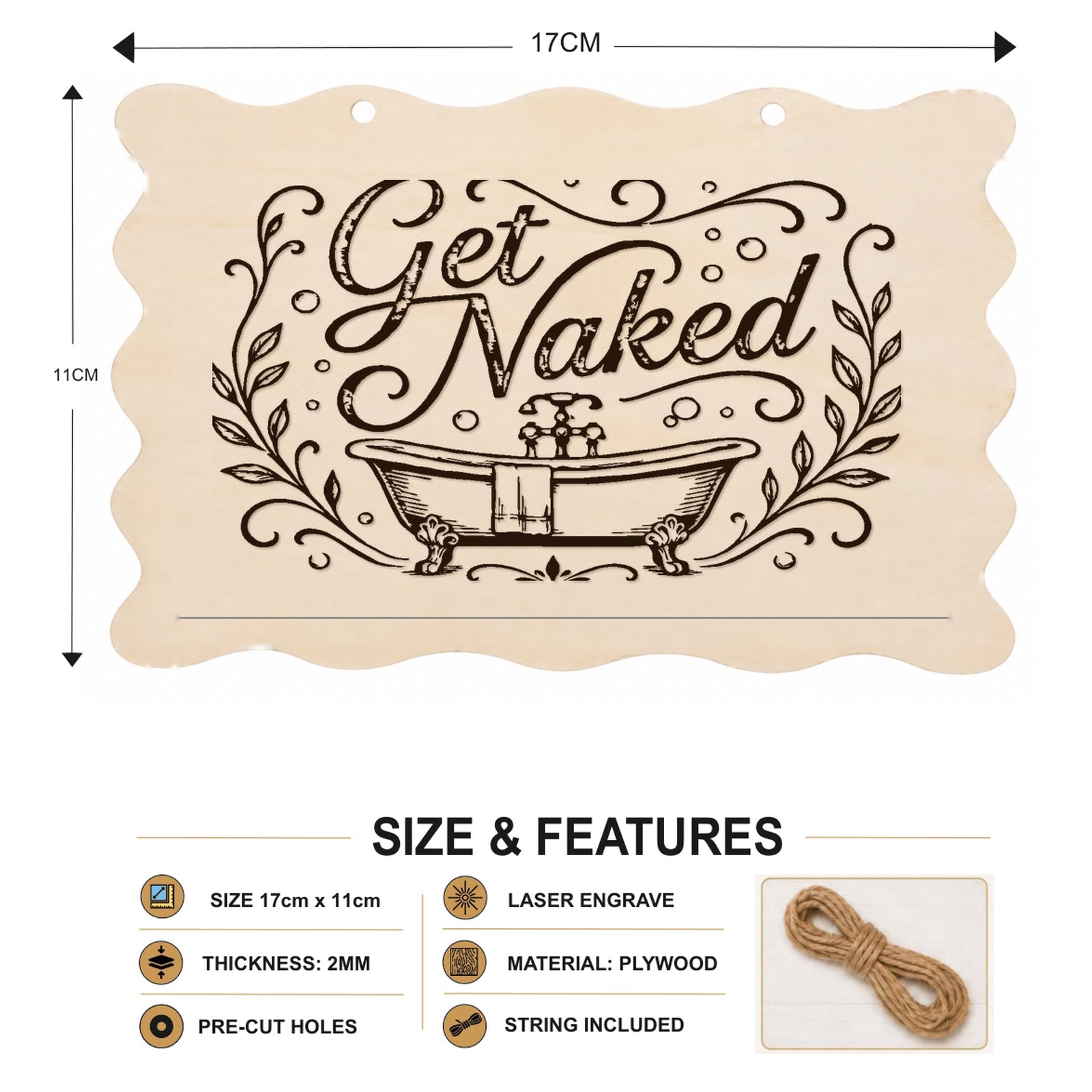 Get Naked scalloped plaque showing 20 x 10 cm size and product features