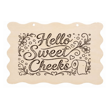 Hello Sweet Cheeks scalloped bathroom plaque on a white background