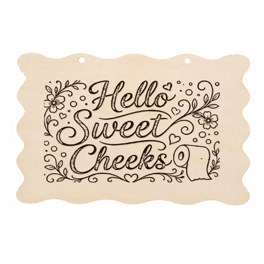 Hello Sweet Cheeks scalloped bathroom plaque on a white background