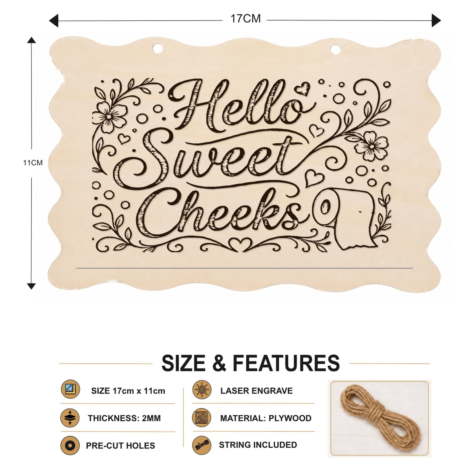 Hello Sweet Cheeks plaque showing 20 x 10 cm size and product features