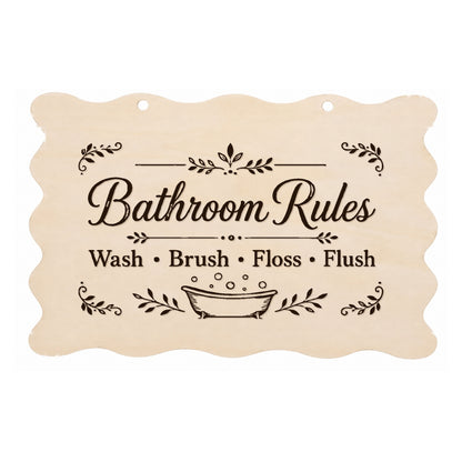Bathroom Rules scalloped laser engraved wooden plaque on a white background