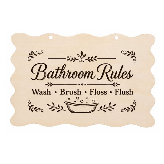 Bathroom Rules scalloped laser engraved wooden plaque on a white background