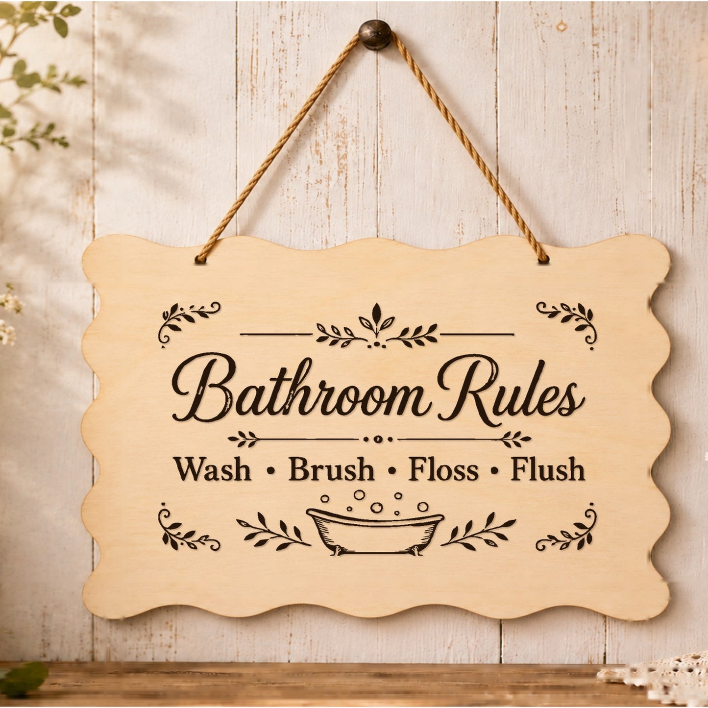 Bathroom Rules wooden plaque displayed in a bathroom setting